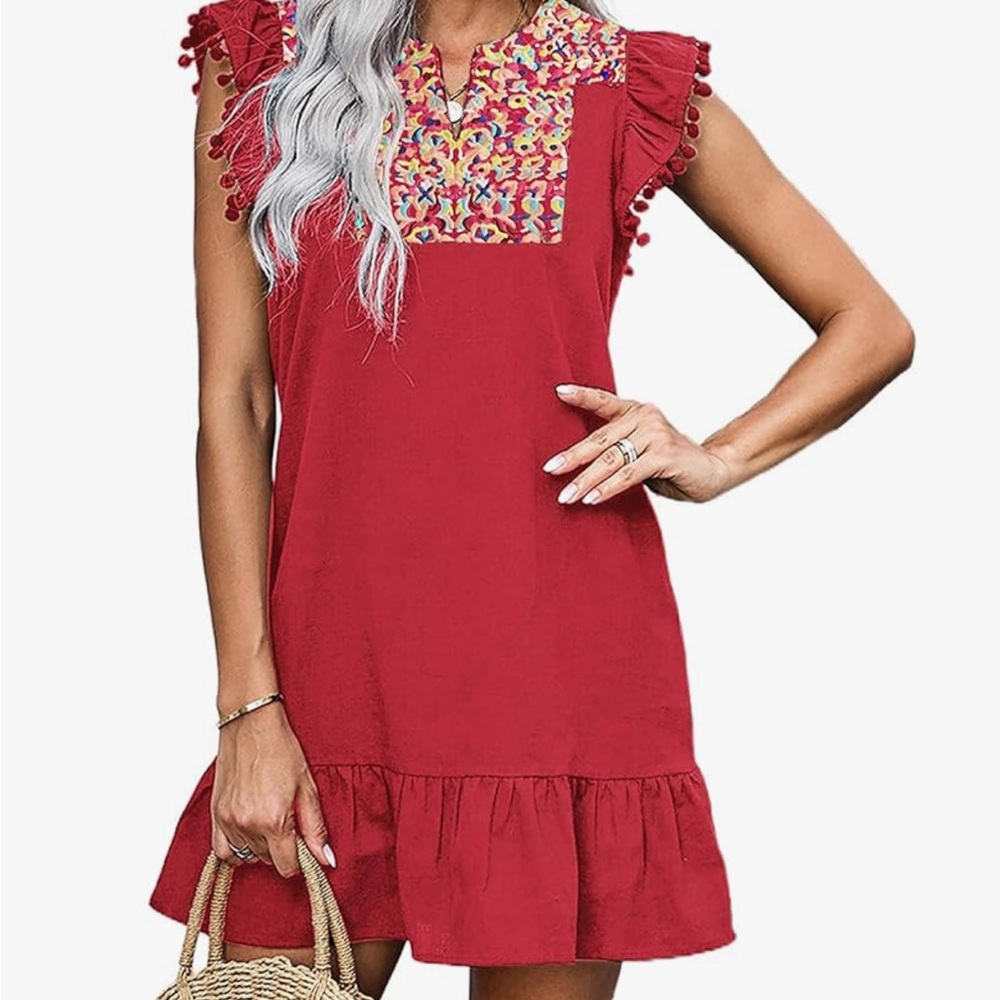 Elegant Fuschia / Hot pink  Ruffle Mini Dress with embroidery